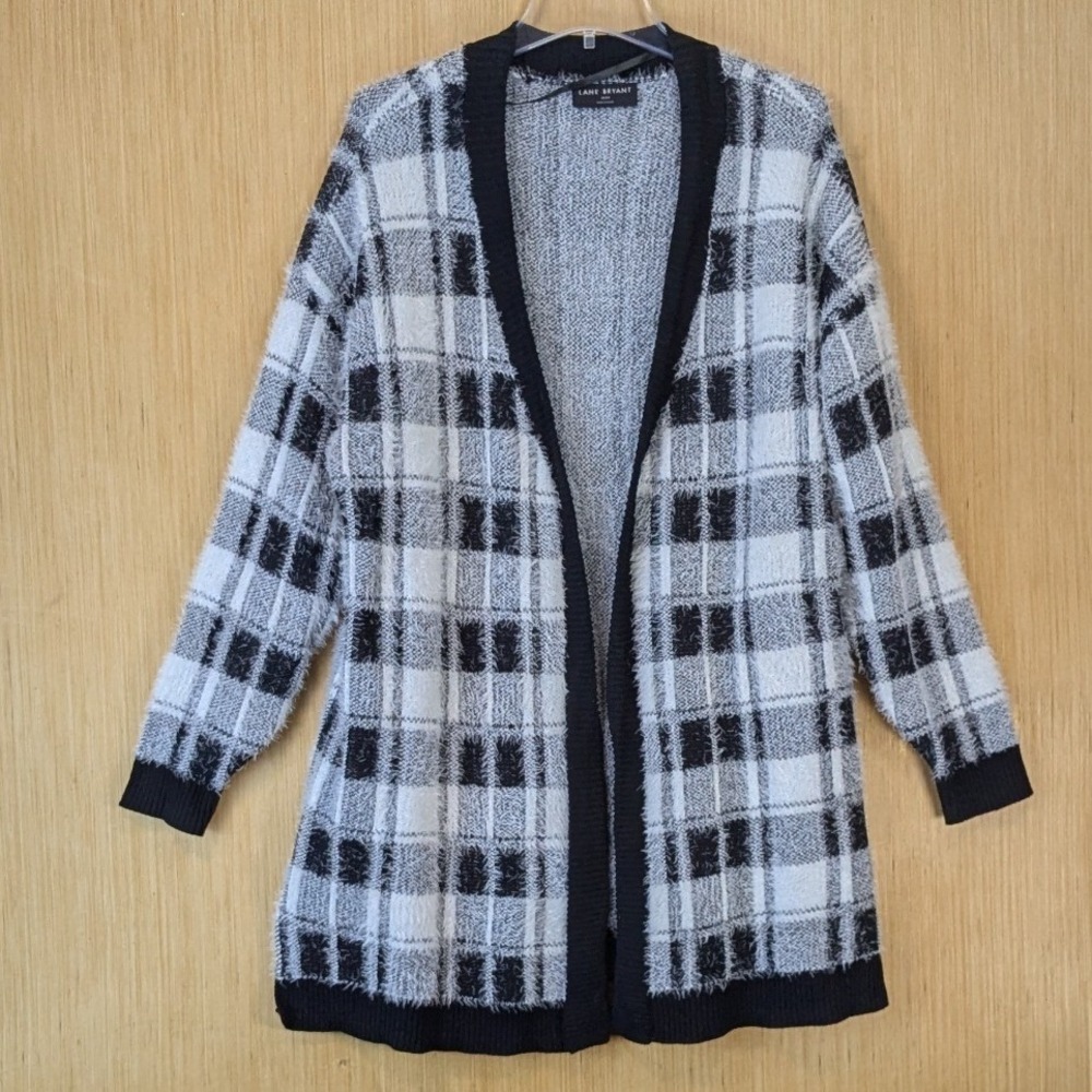 Lane Bryant Preppy Dark Academia Plaid Eyelash Knit Cardigan Sweater 18/20 Black